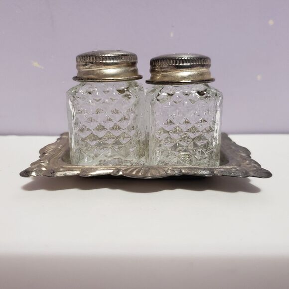 Vintage Mini Glass Silver Plated Salt Pepper Shakers w Tray - Picture 1 of 12